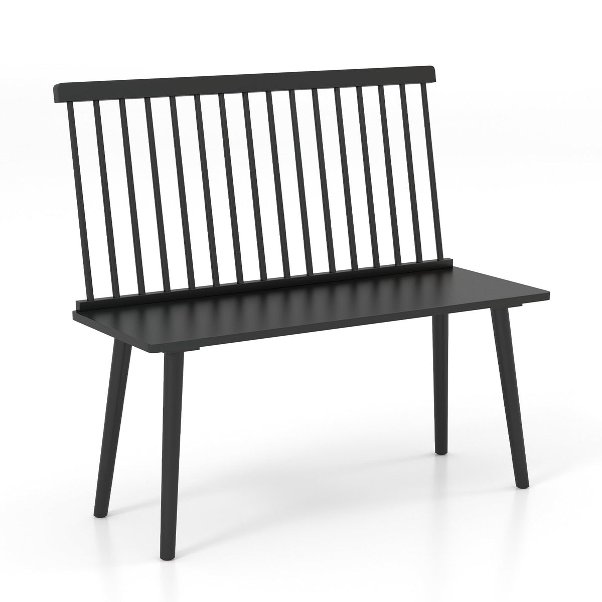 Black Windsor Dining Bench for 2, Solid Rubber Wood with Removable Spindle Back, 440 lb