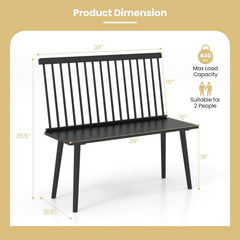 Black Windsor Dining Bench for 2, Solid Rubber Wood with Removable Spindle Back, 440 lb