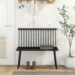 Black Windsor Dining Bench for 2, Solid Rubber Wood with Removable Spindle Back, 440 lb