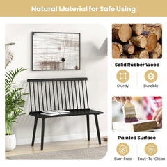 Black Windsor Dining Bench for 2, Solid Rubber Wood with Removable Spindle Back, 440 lb