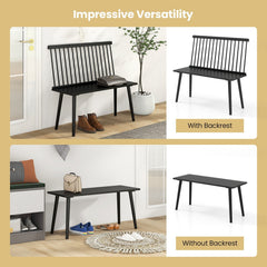 Black Windsor Dining Bench for 2, Solid Rubber Wood with Removable Spindle Back, 440 lb