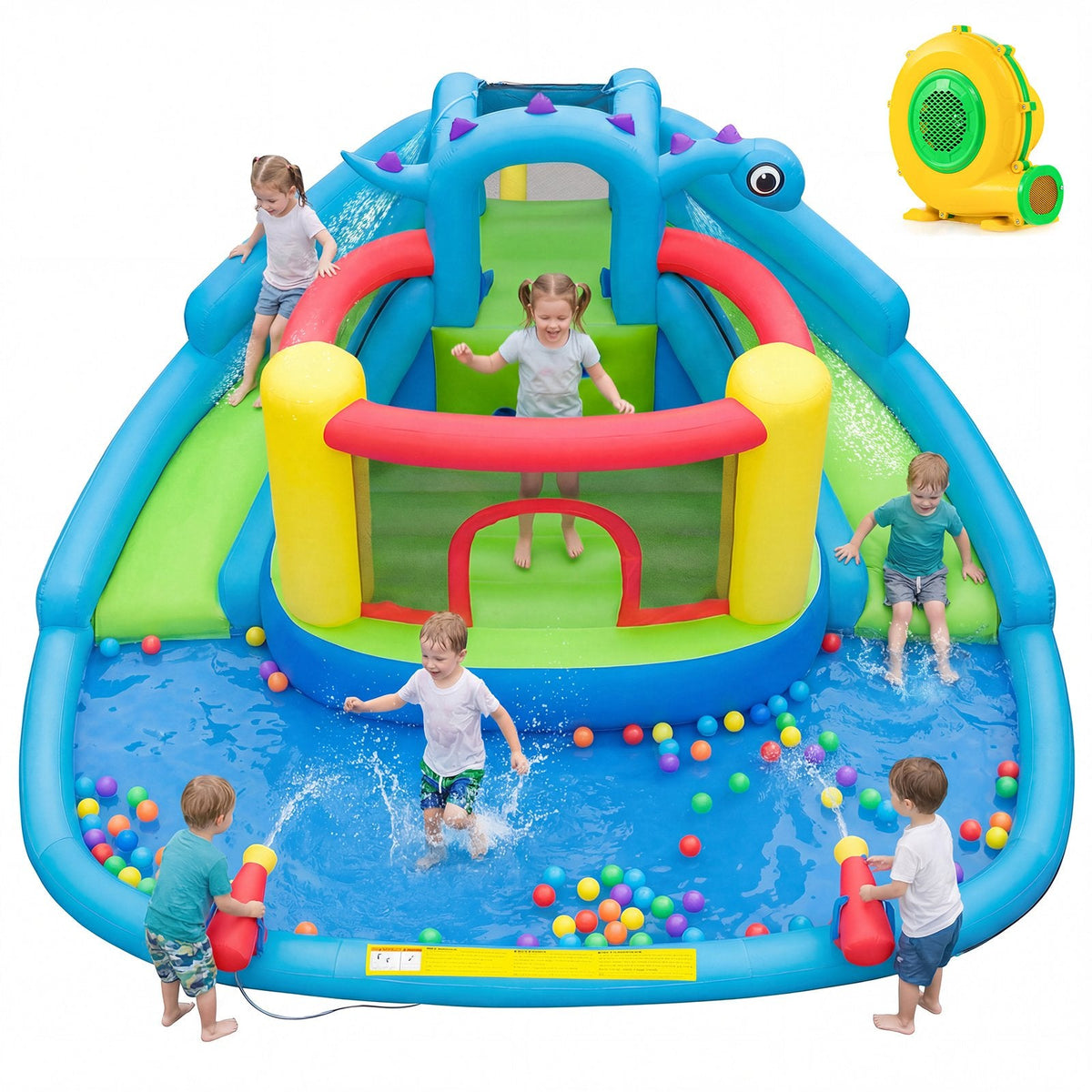 Dinosaur Themed Inflatable Water Slide Park with Double Slides and 950W Air Blower
