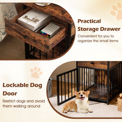 Dog Crate Furniture for Small Dogs Wooden Puppy Kennel with Charging Station-Rustic Brown