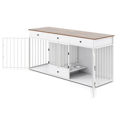 Dog Crate Furniture Indoor Modern Dog Kennel with Divider 3 Drawers and Pull-out Feeder-White