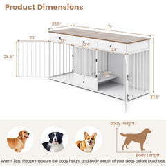 Dog Crate Furniture Indoor Modern Dog Kennel with Divider 3 Drawers and Pull-out Feeder-White