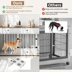 Dog Crate Furniture Indoor Modern Dog Kennel with Divider 3 Drawers and Pull-out Feeder-White