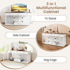 Dog Crate Furniture Indoor Modern Dog Kennel with Divider 3 Drawers and Pull-out Feeder-White