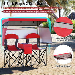 Double Beach Chair with Adjustable Canopy and 3 -Side Shading Curtains-Red