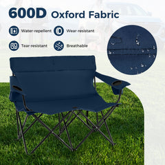 Double Camping Chair 2-Person Outdoor Folding Loveseat with Cup Holders-Blue