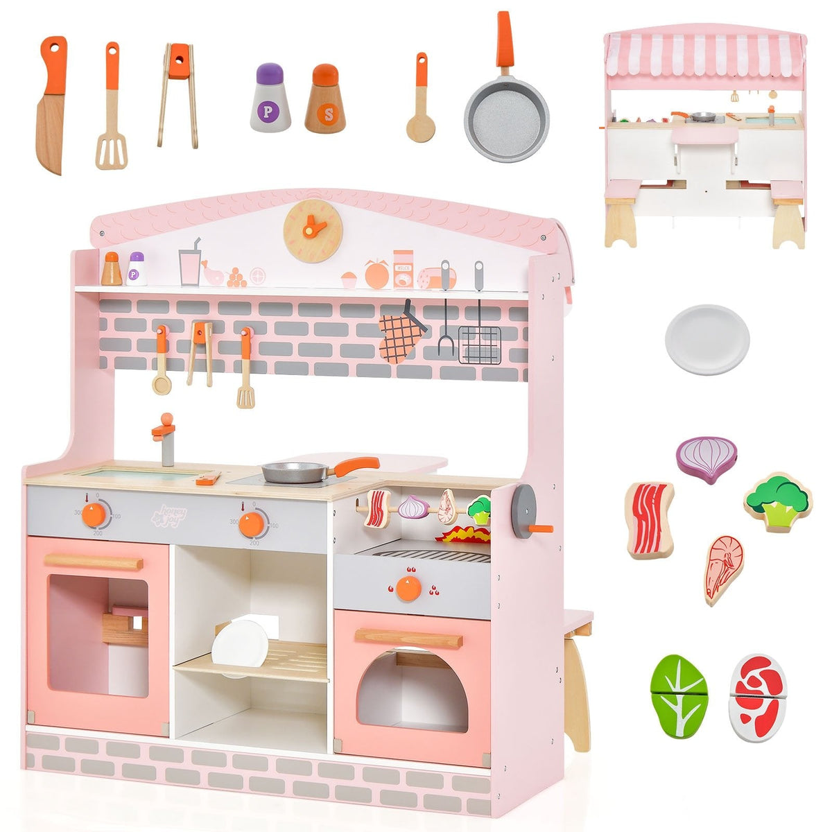 Double Sided Pink Play Kitchen with Canopy, Folding Diner Table and Two Stools