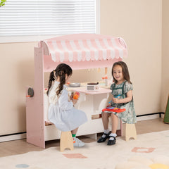 Double Sided Pink Play Kitchen with Canopy, Folding Diner Table and Two Stools