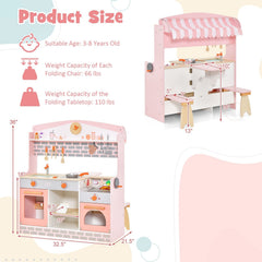 Double Sided Pink Play Kitchen with Canopy, Folding Diner Table and Two Stools