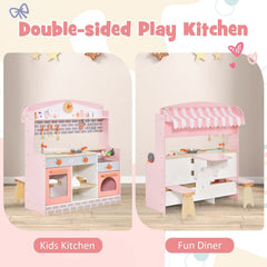 Double Sided Pink Play Kitchen with Canopy, Folding Diner Table and Two Stools