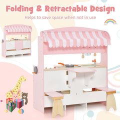 Double Sided Pink Play Kitchen with Canopy, Folding Diner Table and Two Stools