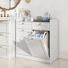 Double Tilt-Out Laundry Hamper Cabinet with 2 Drawers and Removable Laundry Bags-White