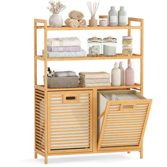Double Tilt Out Laundry Hamper with 3 Shelves and 2 Removable Baskets for Dirty Clothes-Natural