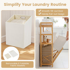 Double Tilt Out Laundry Hamper with 3 Shelves and 2 Removable Baskets for Dirty Clothes-Natural