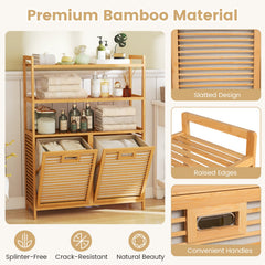 Double Tilt Out Laundry Hamper with 3 Shelves and 2 Removable Baskets for Dirty Clothes-Natural