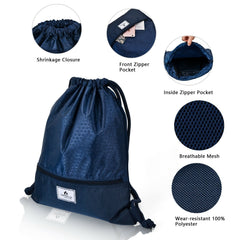 Drawstring Backpack String Bag Foldable Sports Sack with Zipper Pocket-Dark Blue