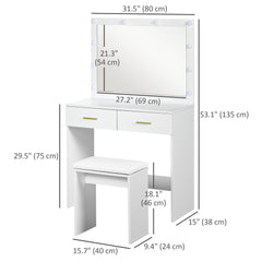 Makeup Vanity Desk Set with Stool, Dressing Table with LED Lighting Mirror, Drawers, for Bedroom, White