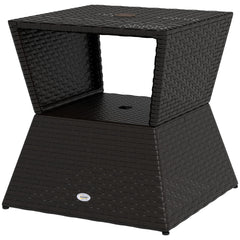 Rattan Wicker Side Table, 21.3" Square Outdoor End Table with Umbrella Hole 2-Tier Storage for Patio Garden Mixed Brown