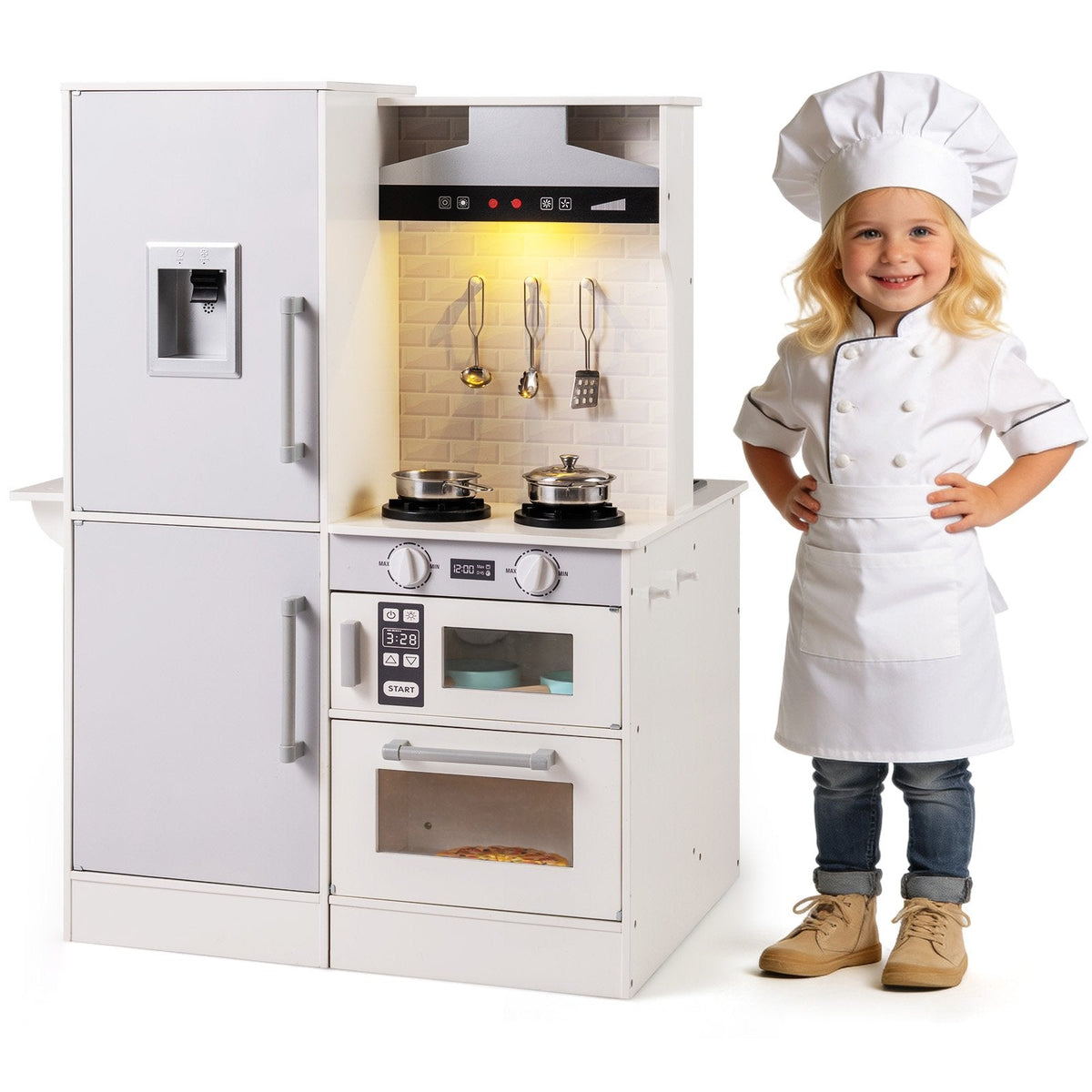 Dual-Sided Kids Play Kitchen with Water Dispenser and Range Hood for 3+ Years Old-White
