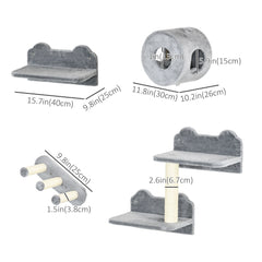 4 PCs 9.3" H Cat Wall Shelves, Pet Wall-mounted Climbing Shelf Set, Kitten Activity Centre with Condo, Cushion, Scratching Post, Jumping Platform, Grey