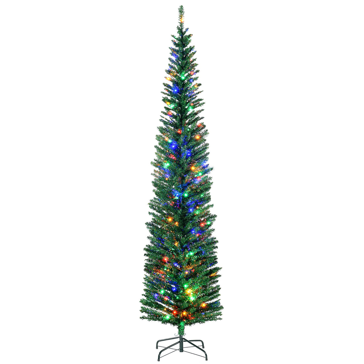 7.5' Artificial Pencil Christmas Trees Holiday Decoration with Colourful LED Lights, Steel Base, Skinny Shape