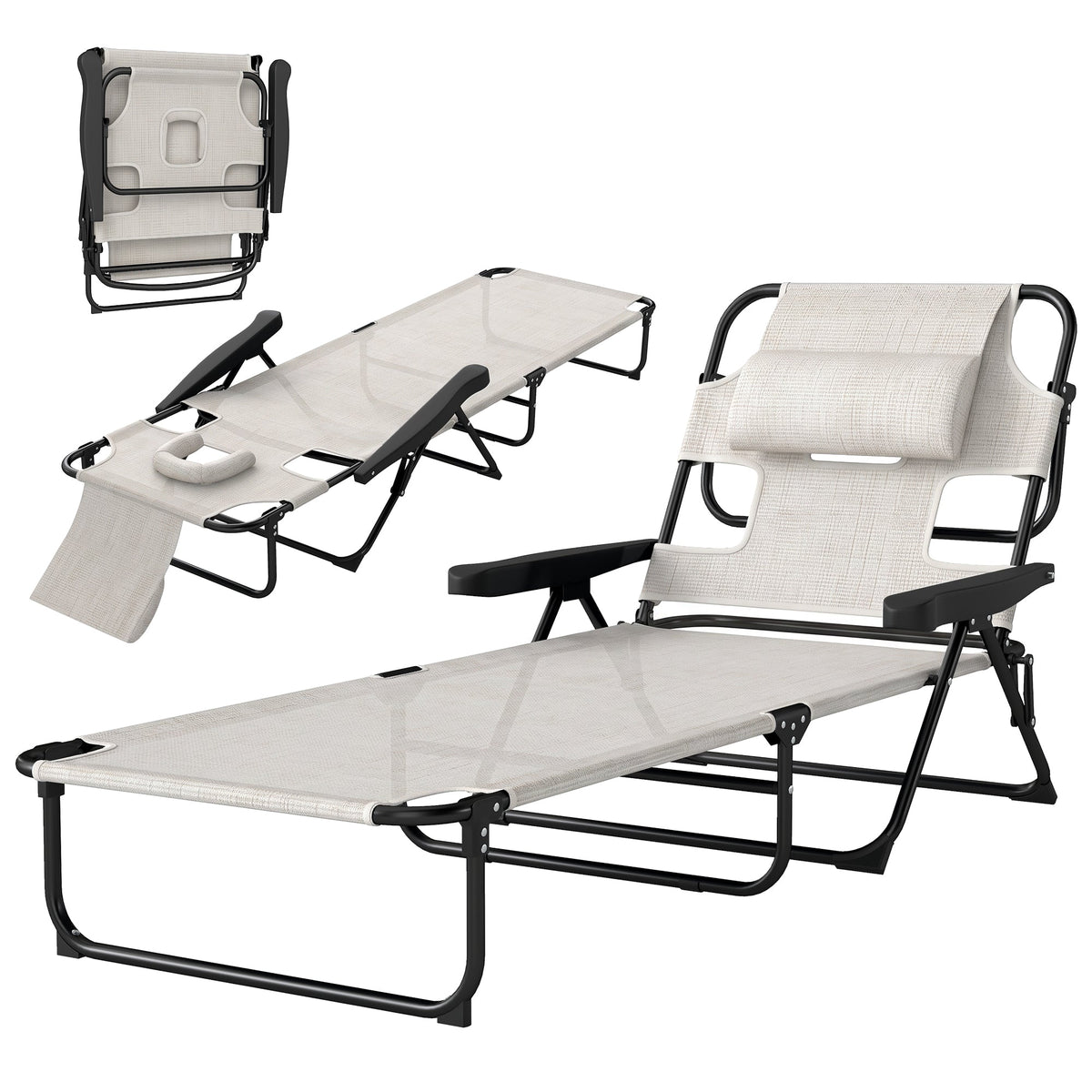 Folding Lounge Chair w/ Reclining Back, Cream White