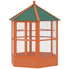 70"H Wooden Bird Cage Hexagonal Outdoor Aviary with Doors