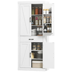 72" Kitchen Pantry Cabinet, Farmhouse Kitchen Storage Cabinet with 4 Barn Doors, 6 Door Shelves, Drawer, Black