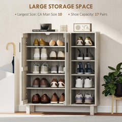 Shoe Storage with Double Doors and Open Shelves 17 Pair Shoe Storage Organizer for Entryway Hallway Black