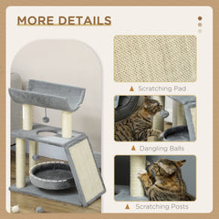 Small Cat Tree with Perch, Scratching Posts, Pad, Bed, Toy Balls, Light Grey