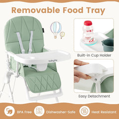 Easy Clean Compact Highchair with Removable Adjustable Tray and PU Seat Cushion-Green