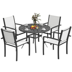 5 Piece Outdoor Dining Set with Round Table and 4 Stackable Chairs, for Backyard, Lawn, Deck, Balcony, Pool Side