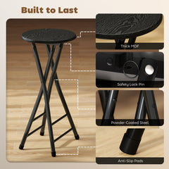 Set of 2 Foldable Barstools, Counter Height Bar Stools with Footrest and Steel Legs for Kitchen Island, Black