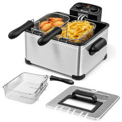 Electric Deep Fryer 5.3QT/21-Cup Stainless Steel 1700W with Triple Basket-Silver