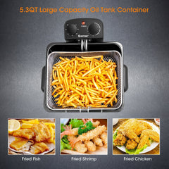 Electric Deep Fryer 5.3QT/21-Cup Stainless Steel 1700W with Triple Basket-Silver