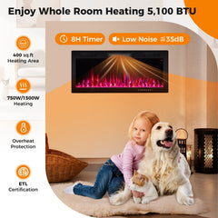Electric Fireplace 40/50/60 Inches Recessed and Wall Mounted for 2 ft x 6 ft Stud-40 Inches
