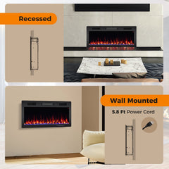Electric Fireplace 40/50/60 Inches Recessed and Wall Mounted for 2 ft x 6 ft Stud-40 Inches
