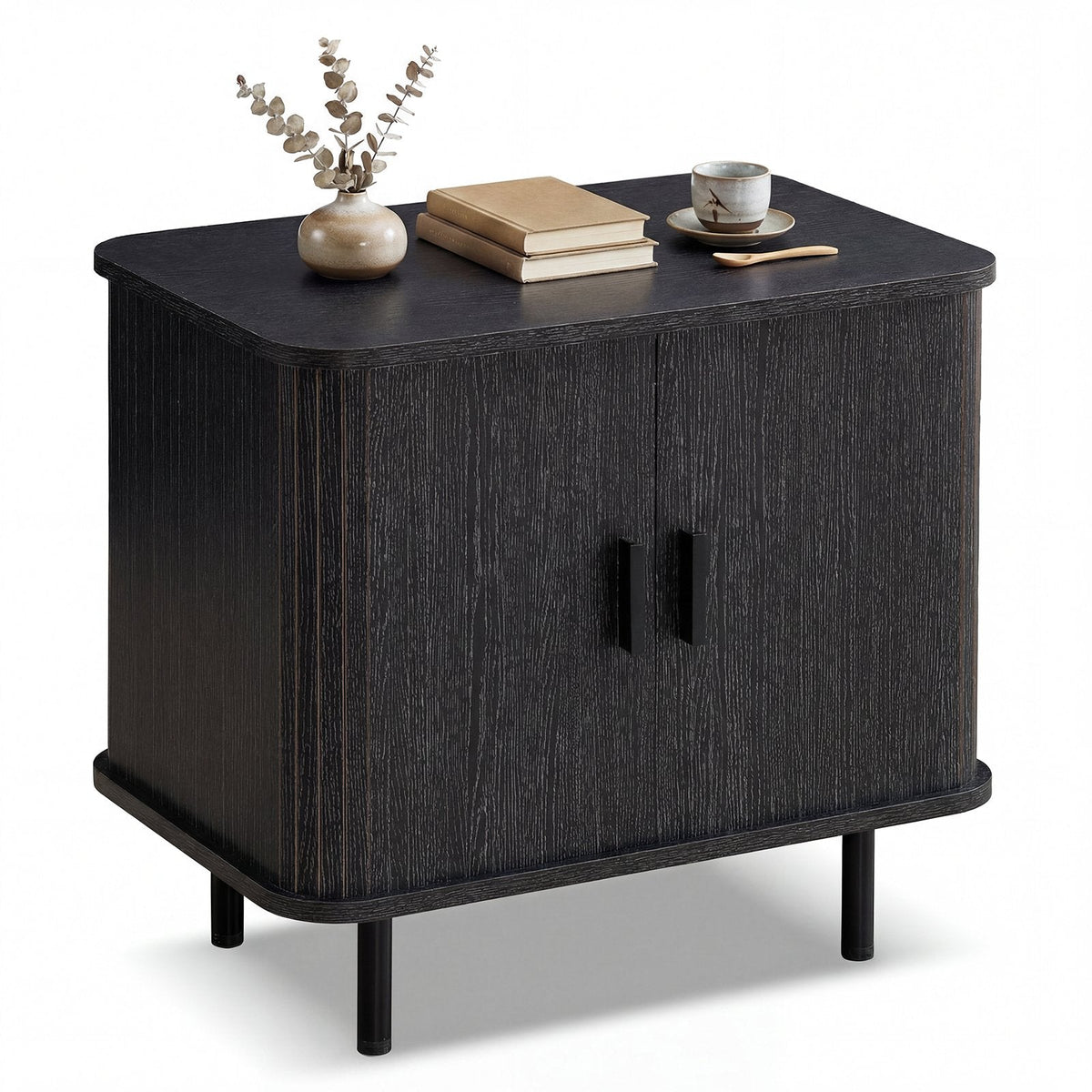 End Table Modern Mid Century Nightstand with Sliding Tambour Doors and Storage Shelf-Black