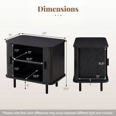 End Table Modern Mid Century Nightstand with Sliding Tambour Doors and Storage Shelf-Black
