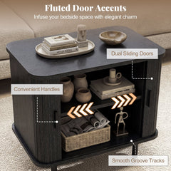 End Table Modern Mid Century Nightstand with Sliding Tambour Doors and Storage Shelf-Black