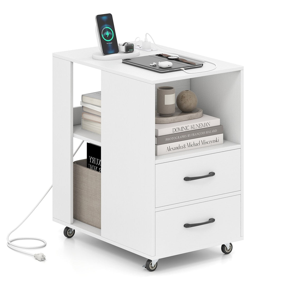 End Table with Built-in Charging Station Sofa Side Bedside Table on Wheels-White