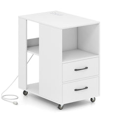 End Table with Built-in Charging Station Sofa Side Bedside Table on Wheels-White