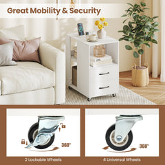End Table with Built-in Charging Station Sofa Side Bedside Table on Wheels-White
