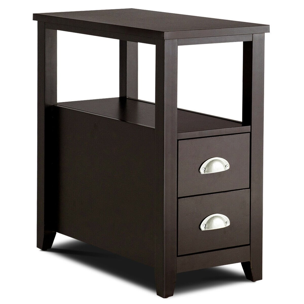 Narrow End Table and Bedside Table with 2 Drawers and Open Shelf, Espresso