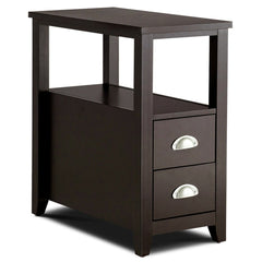Narrow End Table and Bedside Table with 2 Drawers and Open Shelf, Espresso