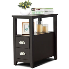 Narrow End Table and Bedside Table with 2 Drawers and Open Shelf, Espresso