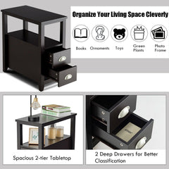 Narrow End Table and Bedside Table with 2 Drawers and Open Shelf, Espresso